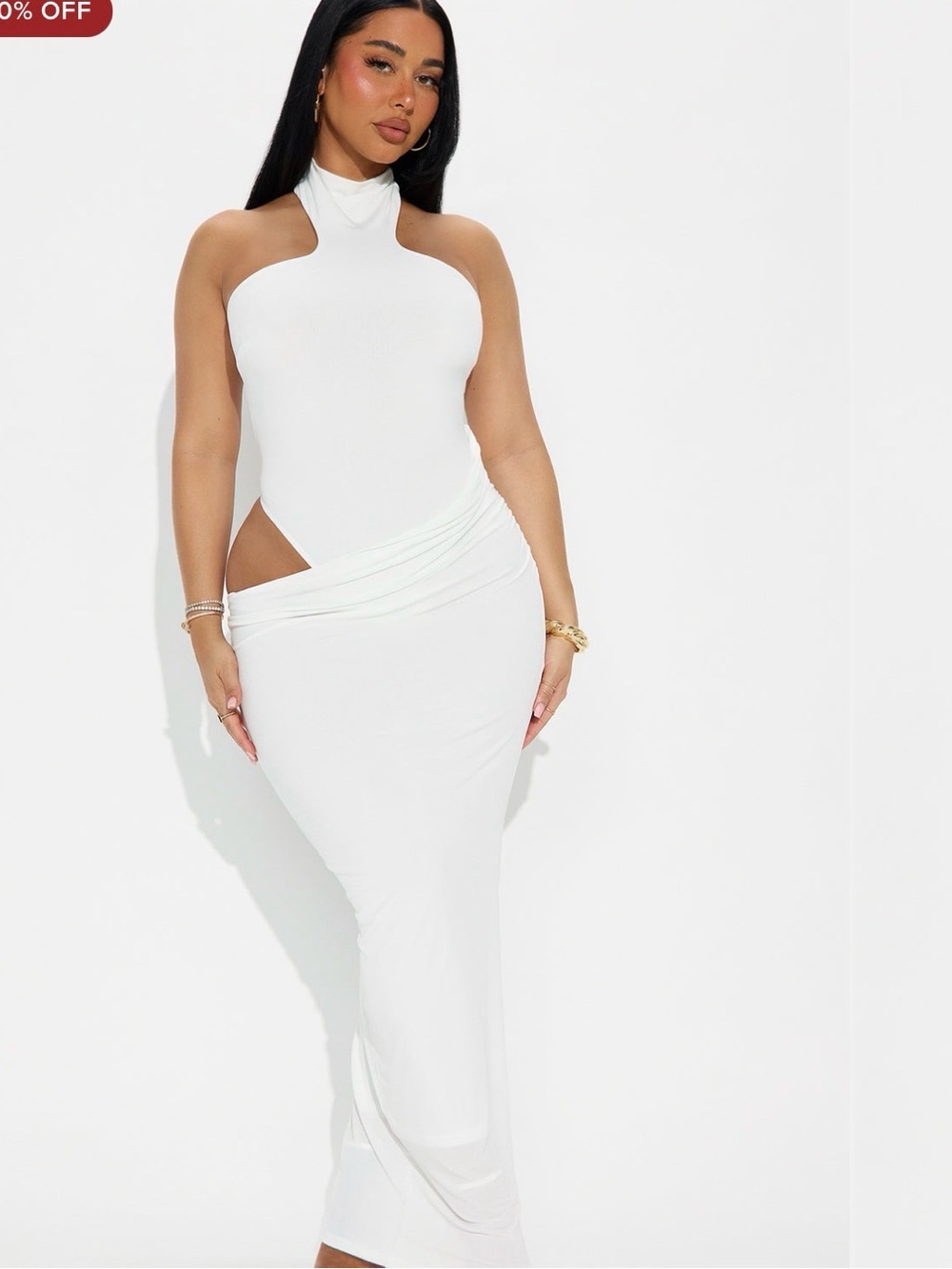 Fashion Nova White Halter Maxi Dress with Side Cutouts and Draped Waist